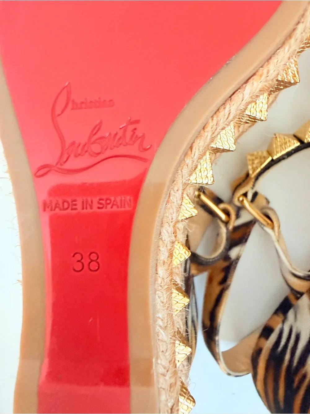 Christian Louboutin Pyraclou 110 Tivoli Gold Stud Espadrille Wedge Sandals 38